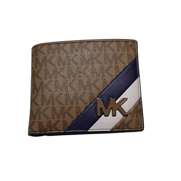 NEW Michael Kors Men's Hudson Billfold Wallet With Coin Pocket Brown Navy Blue - Picture 1 of 8